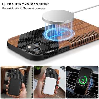 TENDLIN Magnetic Case Compatible with iPhone 14 Plus Case Wood Grain with Carbon Fiber Texture Design Leather Hybrid Slim Cover (Compatible with MagSafe) Twill - color: Magnetic Twill, size: iPhone 14 Plus