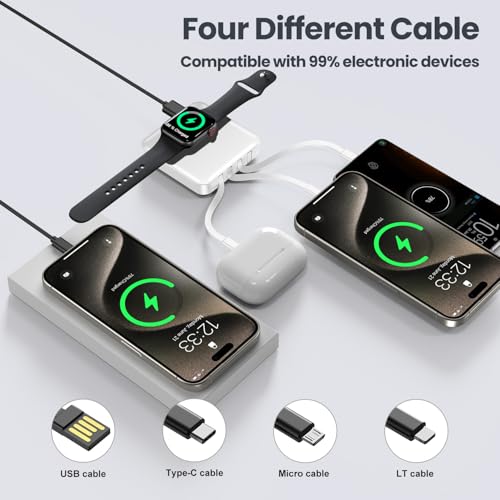 Mini Portable Charger for iWatch 12000mAh, Power Bank with Built-in Cables - color: Matte White