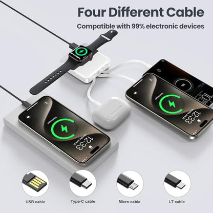 Mini Portable Charger for iWatch 12000mAh, Power Bank with Built-in Cables - color: Matte White