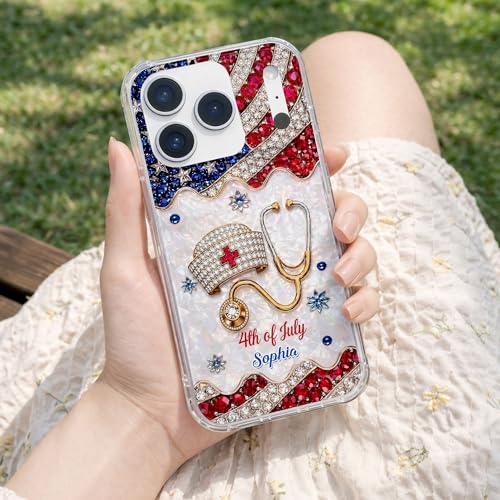 4th of July Nurse Hat, Personalized Clear Phone Case, Gift for Nurses Custom Smartphone Cover Unique Independence Day Present Protective Accessories