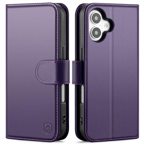 Compatible with iPhone 16 Genuine Leather Case Wallet with Card Holder,Women Men Real Leather Flip Folio RFID Blocking Credit Card Slots Kickstand Phone Cover,for Apple 16 6.1",Purple - color: Purple, size: iPhone 16 - 6.1"