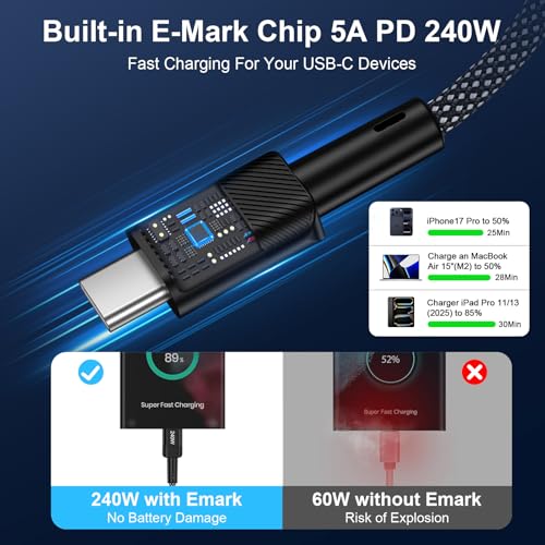 240W USB-C Charge Cable Super Fast Charging 10 FT Long USB C to USB C Cord