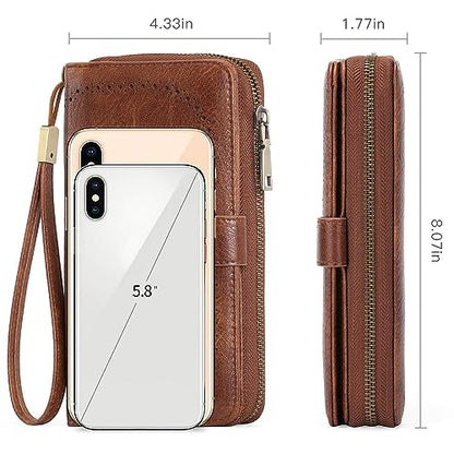 GAEKEAO Leather Credit Card Holder Wallet for Women RFID Blocking Large Capacity Bifold Zipper Card Case Organizer with Wristlet 45 Slots - color: Brown