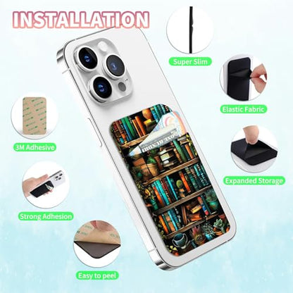 Phone Credit Card Holder Stick on, Phone Case Wallet, Cell Phone Pocket Self Adhesive Stretchy Lycra Stick on Wallet ID Credit Card Case Pouch Sleeve for All Smartphones, Library Books - color: Phone Case Wallet-612