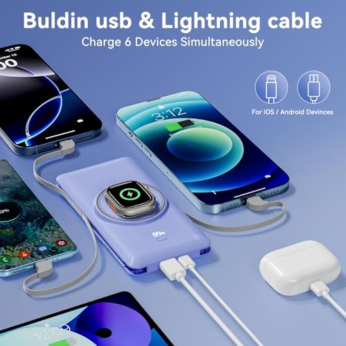 Magnetic 10000mAh Portable Charger for iWatch & iPhone, PD Fast Charging Wireless Power Bank Built-in Cables and Wall Plug, External Travel Battery Pack Compatible with iOS Android Phones - color: Blue