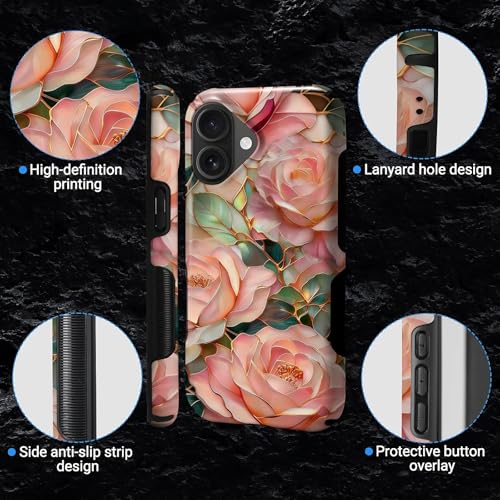 Case for iPhone 16 | Anti-Slip Side Handle| Bold Protective Design | Compatible with MagSafe | Stained Glass Pink Flower | - color: Stained Glass Pink Flower, size: iPhone 16