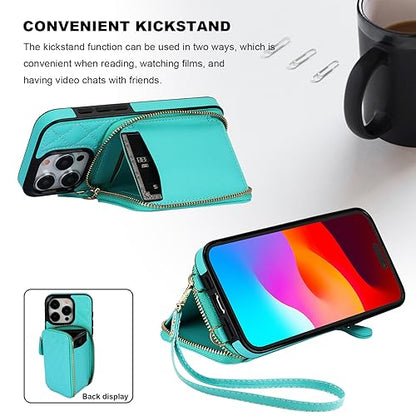 Bocasal Crossbody Wallet Case Card Holder for iPhone 15 Pro, Mint Green | RFID Blocking PU Leather Zipper Handbag Purse, Kickstand Flip Folio Case with Card Slots Holder Wrist Strap Lanyard 6.1 Inch - color: Green