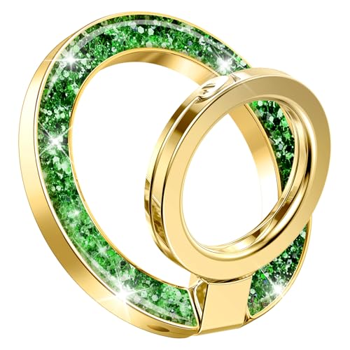 GVIEWIN Magnetic Phone Ring Holder, Compatible with MagSafe Phone Grip | Adjustable Stand, Magnet Phone Ring Kickstand, for iPhone 17/16/15/14/13/12 Pro Max Plus Air/Other Phones (Glitter/Green) - color: Glitter/Green
