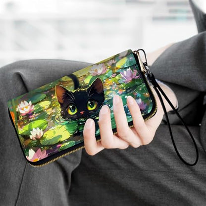 Ladies Wallet,Clutch Purses for Women Wallets Leather Credit Card Holder for Women Wristlet Slim Small Cute with Zipper,Thin RFID Blocking with Wrist Strap,Cute Cat Lotus - color: Cute Cat Lotus