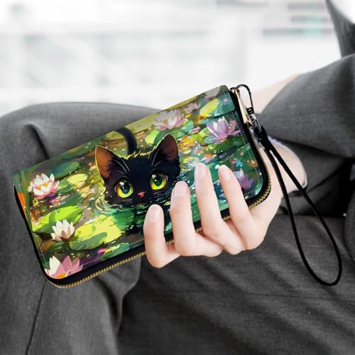 Ladies Wallet,Clutch Purses for Women Wallets Leather Credit Card Holder for Women Wristlet Slim Small Cute with Zipper,Thin RFID Blocking with Wrist Strap,Cute Cat Lotus - color: Cute Cat Lotus