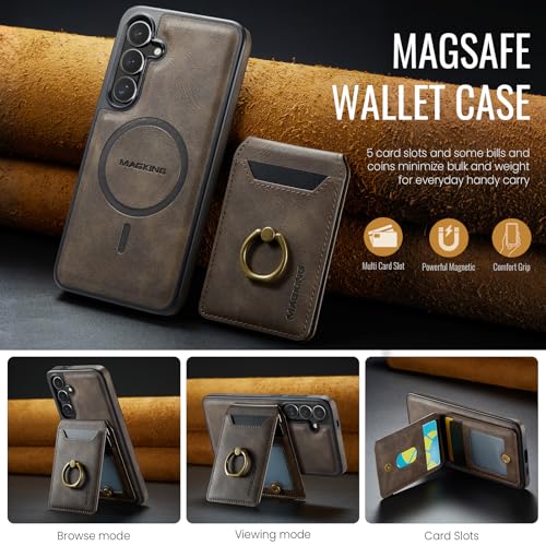 for Samsung Galaxy S26 2 in 1 Detachable Card Bag Wallet Case Durable Leather Wallets Magnetic Card Holder 4 Card Slots Ring Stand RFID Blocking Coffee - color: Coffee, size: Samsung Galaxy S26