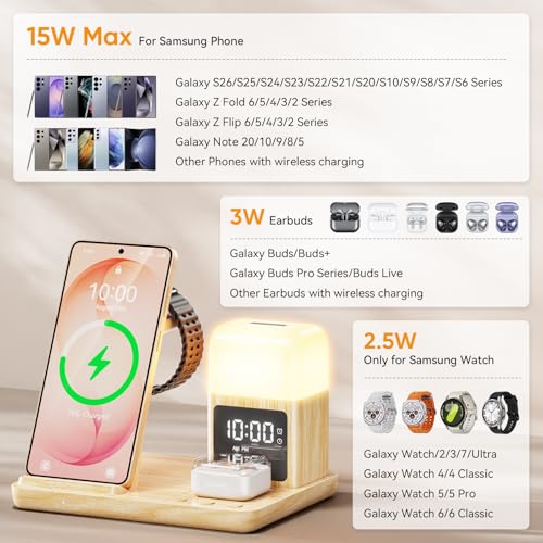 6 in 1 Wireless Charging Station for Samsung Android with Clock & Night Light,Wireless Charger Beside Clock for Galaxy S26 Ultra S25 S24,Galaxy Watch 8/7 Buds 4/3 Pro,Not for Watch 9/Ultra 2 - color: Wood