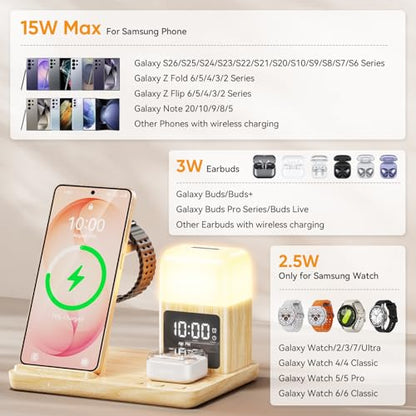 6 in 1 Wireless Charging Station for Samsung Android with Clock & Night Light,Wireless Charger Beside Clock for Galaxy S26 Ultra S25 S24,Galaxy Watch 8/7 Buds 4/3 Pro,Not for Watch 9/Ultra 2 - color: Wood