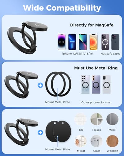 SUPERONE Dual Magnetic Phone Ring Holder, 1/4" Screw Tripod Mount Adapter - color: BK-Screw Hole
