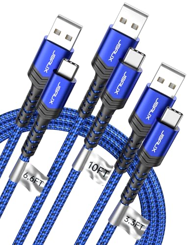 JSAUX USB C Cable Fast Charging, USB to USB C Cable 3-Pack (10+6.6+3.3FT) - color: Blue, size: 3.3ft+6.6ft+10ft