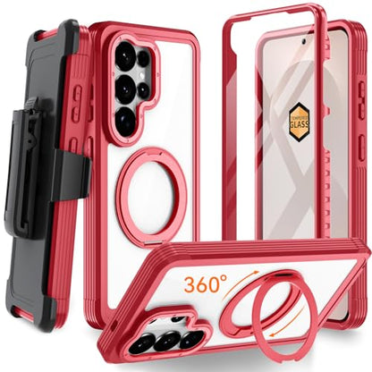 Magnetic for Samsung Galaxy S26 Ultra Case, Compatible with MagSafe, Full Body Rugged Case with Built-in Screen Protector & Kickstand & Belt-Clip (Red) - color: Red