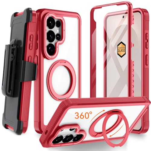 Magnetic for Samsung Galaxy S26 Ultra Case, Compatible with MagSafe, Full Body Rugged Case with Built-in Screen Protector & Kickstand & Belt-Clip (Red) - color: Red