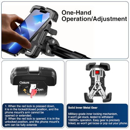 Bovemanx Motorcycle Phone Mount Holder, [150mph Wind Anti-Shake][7.2inch Big Phone Friendly] Bike Phone Holder, Motorcycle Handlebar Cell Phone Clamp, Compatible with iPhone 16 Pro Max, Black