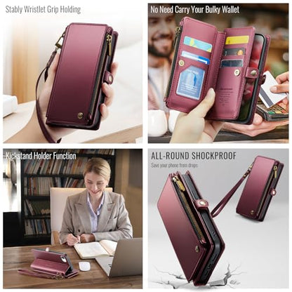 Defencase for iPhone 17E & 16E Wallet Phone Case with Card Holder, Wine Red | Durable Soft PU Leather, with RFID Blocking Zipper Pocket, Strap, Magnetic Snap Flip Cases Cover with Stand for Women Men - color: Wine Red