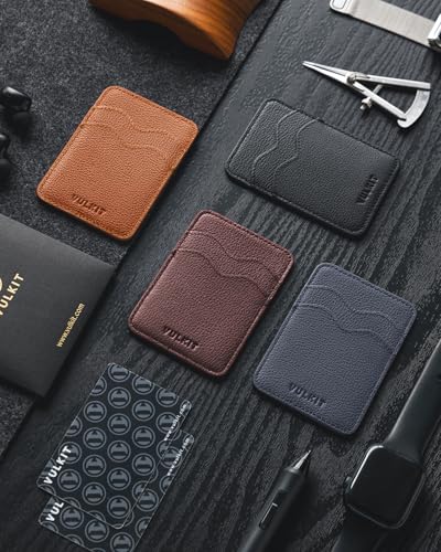 VULKIT Stick on Card Holder Compatible for iphone Leather Cell Phone Wallet Credit Card Case Strong Sticker for Women - color: Genuine Brown