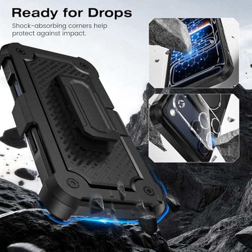 Caka 4-in-1 for iPhone 17 Pro Max Case with Belt Clip Holster and Stand | HD Glass Screen & Camera Lens Protector, Compatible with MagSafe, Hidden Kickstand, Rugged Heavy Duty Shockproof Phone Cover - color: Black