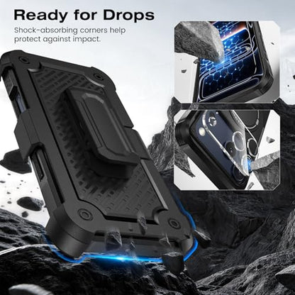 Caka 4-in-1 for iPhone 17 Pro Max Case with Belt Clip Holster and Stand | HD Glass Screen & Camera Lens Protector, Compatible with MagSafe, Hidden Kickstand, Rugged Heavy Duty Shockproof Phone Cover - color: Black