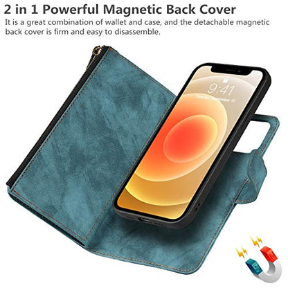 iCoverCase for iPhone 12 Mini Wallet Case with Card Holder and Wrist Strap, PU Leather Kickstand Card Slots Zipper Pocket Magnetic [Detachable] Flip Cover Case 5.4 Inch (Blue) - color: Blue