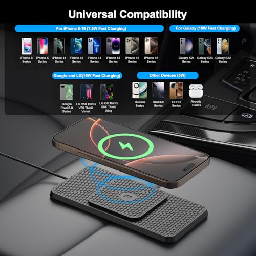 Wireless Car Charging Pad, Reestecqi 15W Fast Wireless Car Charger Pad Non Slip Charging Mat with 30cm Cable and 70cm Extension Compatible with iPhone 16 Pro/15/14/13 AirPods Samsung Google