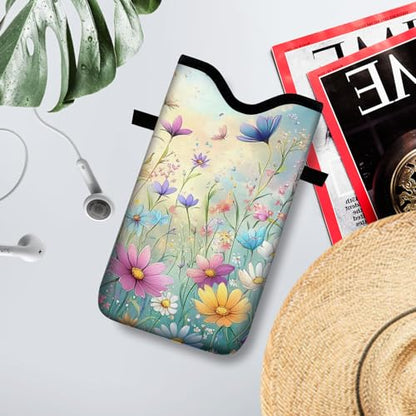 Neoprene Cell Phone Sleeve Pouch Case Bag with Crossbody Strap Neck Lanyard for Women 7.1 X 3.9 in Colorful Flowers - color: Colorful Flowers