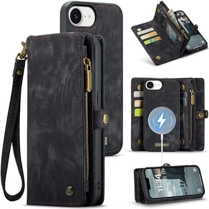 Compatible with iPhone 17E/16E Wallet Case with Magsafe,Black | Magnetic Detachable Case,Card Holder,Zipper Pocket,Strap Wristlet, Leather Drop-Proof Phone Case for iPhone 17E/16E - color: (Detachable and Magsafe)-Black, size: iPhone 16E/17E 6.1 Inch