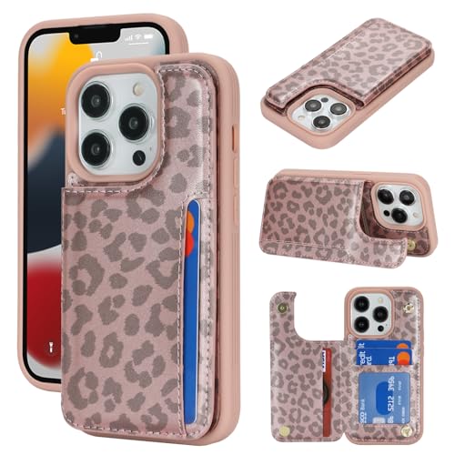 iCoverCase Compatible with iPhone 13 Pro Case with Card Holder, Wallet Phone Case for Women Men RFID Blocking PU Leather Protective Case 6.1 Inch (Rose Gold Leopard) - color: Rose Gold Leopard