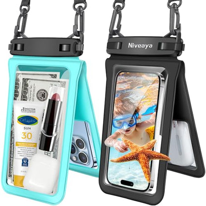 Niveaya Double Space Waterproof Phone Pouch - 2 Pack, Waterproof Phone Lanyard Case with iPhone 17/16/15/14/13 Pro Max up to 8.3", Phone Dry Bags for Vacation Beach Pool Kayak Cruise Travel Essentials - color: Black+ Teal, size: Medium 8.3"