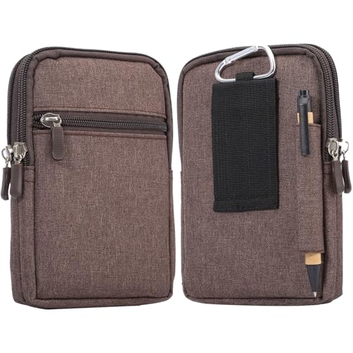 Vertical Cell Phone Belt Clip Holster, Phone Waist Bag for Mens, Nylon Smartphone Holder with Belt Loop Mobile Phone Waist Belt Pouch Wallet Zipper Phone Carrying Case Outdoor Sport Travel Bumbag - color: Brown