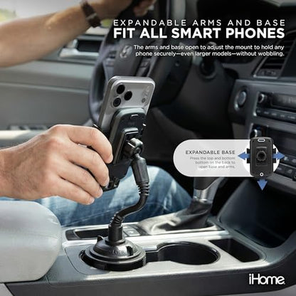 iHome Gooseneck Cup Holder Phone Mount, Weighted Base, 360° Rotation, Adjustable Arms