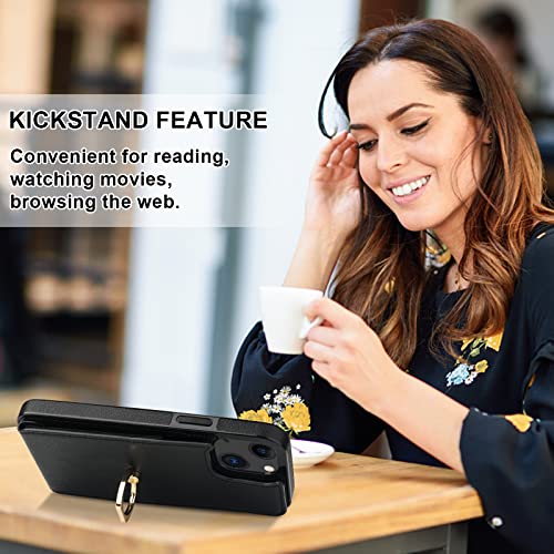 Folosu Compatible with iPhone 14 Case Wallet with Card Holder, 360°Rotation Finger Ring Holder Kickstand, RFID Blocking Leather Protective Double Buttons Shockproof Cover 6.1 Inch Black - color: Black, size: iPhone 14