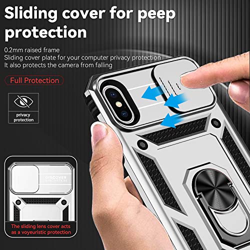 for iPhone XS Max Case with Camera Lens Cover HD Screen Protector, Dual Layer Military Grade Drop Protection Magnetic Ring Holder Kickstand Protective Phone Case for iPhone XS Max 6.5 inch (Silver) - color: Silver with camera cover Military-Grade 2nd gen