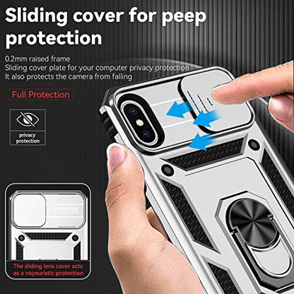 for iPhone XS Max Case with Camera Lens Cover HD Screen Protector, Dual Layer Military Grade Drop Protection Magnetic Ring Holder Kickstand Protective Phone Case for iPhone XS Max 6.5 inch (Silver) - color: Silver with camera cover Military-Grade 2nd gen