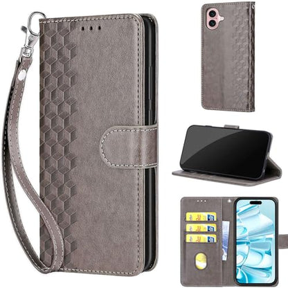 Wallet Case for iPhone 16, Gray Cube | Women Flip Folio Cover, Embossed PU Leather, Stand, Credit Card Holders Slots, Wrist Strap - color: 2