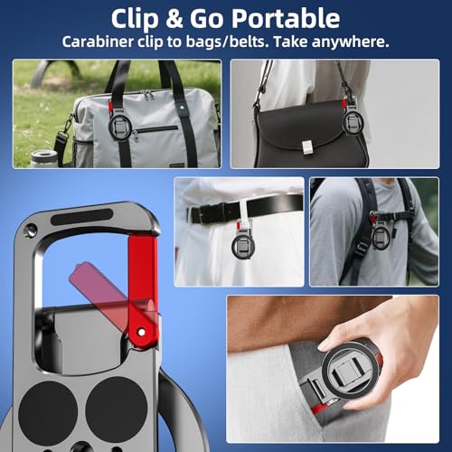Magnetic Phone Mount for MagSafe, Maglock Tripod Adapter Magnet Golf Gym Workout Stand Metal Carabiner Dual Holder with 1/4 Screw Hole, for iPhone 18 17 16 15 14 Series Foldable Portable Accessories