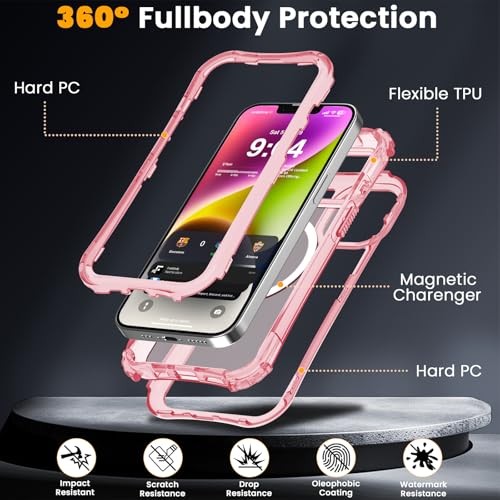 WRJ Magnetic Clear for iPhone 13 Case,iPhone 14 Case,[Compatible with MagSafe][Military Grade Drop Protection] Transparent Full Body Shockproof Protective Phone Case-Peach Pink - color: Peach Pink, style: Transparent