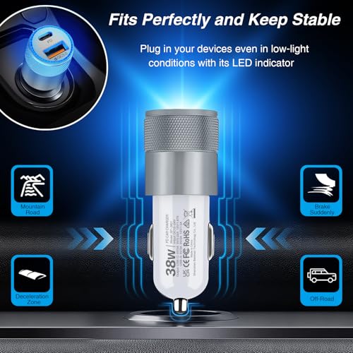 Car Charger, 2 Pack 38W Dual-Port USB-C & USB-A Cigarette Lighter Adapter - color: 2-Pack White