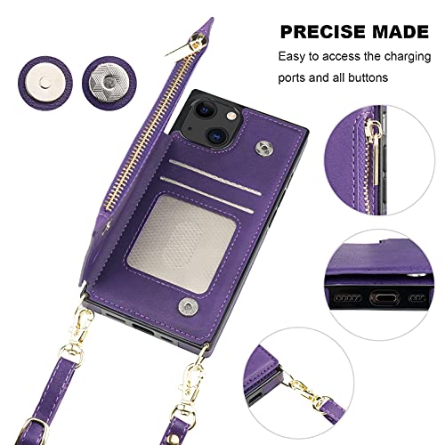 Bocasal Crossbody Wallet Case with Strap for iPhone 13/14, Purple | RFID Blocking Card Slot Holder, Magnetic Flip Folio Purse Case, PU Leather Zipper Handbag Detachable Lanyard Strap 6.1 Inch - color: Purple
