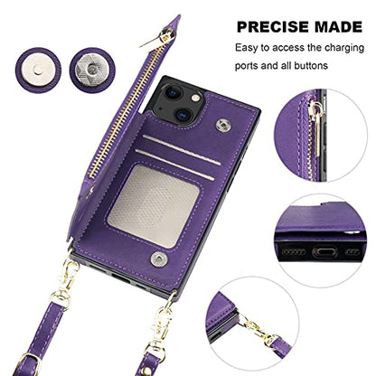 Bocasal Crossbody Wallet Case with Strap for iPhone 13/14, Purple | RFID Blocking Card Slot Holder, Magnetic Flip Folio Purse Case, PU Leather Zipper Handbag Detachable Lanyard Strap 6.1 Inch - color: Purple