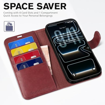 TUCCH Case Wallet for iPhone 17 Pro Max 6.9", RFID Blocking Folio, Dark Red | 4 Card Holders, Kickstand, PU Leather, Magnetic Closure, Shockproof TPU Shell, Protective Flip Cover - color: Dark Red