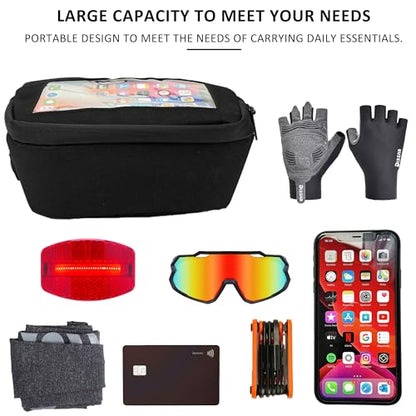 Bike Handlebar Bag – Waterproof Bicycle Handlebar Bag with Sensitive TPU Touchscreen Phone Holder, Front Frame Pouch for Road & Mountain Bikes, Large Capacity Cycling Storage Bag
