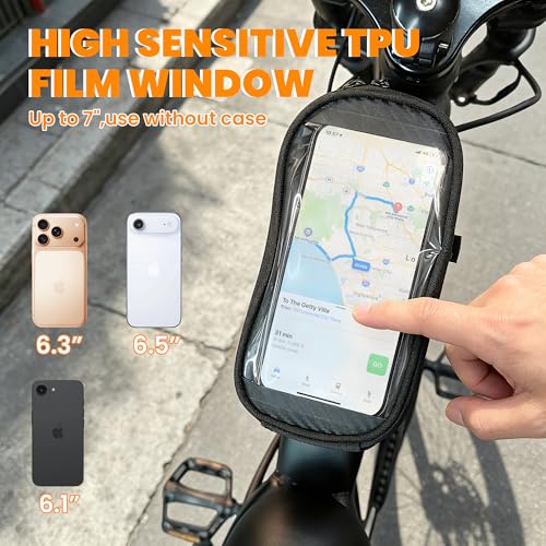 AMYET WB01 Large Waterproof Bike/Bicycle Phone Front Frame Bag,Water-resistant Tube Bag Phone Holder with Touchscreen & Storage,Cycling Pouch, Navigation Bike Accessories for Phone Under 7", Black