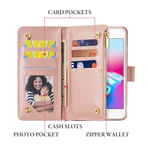 UEEBAI Wallet Case for iPhone 7 Plus iPhone 8 Plus, Premium PU Leather Case Magnetic Closure Geometric Marble Flower Pattern Handbag Zipper Pocket Case Kickstand Card Slots Flip Cover - Rose Gold#2 - color: Pink Flower, size: iPhone 7 Plus/iPhone 8 Plus