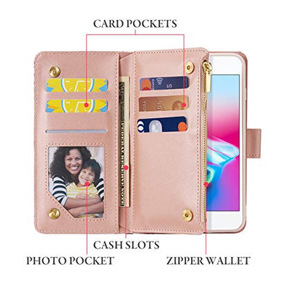 UEEBAI Wallet Case for iPhone 7 Plus iPhone 8 Plus, Premium PU Leather Case Magnetic Closure Geometric Marble Flower Pattern Handbag Zipper Pocket Case Kickstand Card Slots Flip Cover - Rose Gold#2 - color: Pink Flower, size: iPhone 7 Plus/iPhone 8 Plus