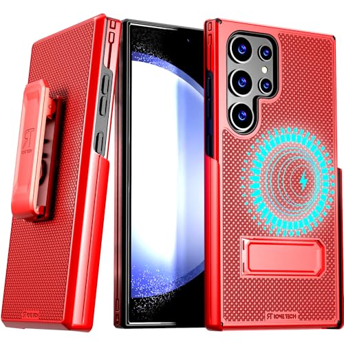 Designed for Samsung Galaxy S24 Ultra Case with Belt Clip Holster | Rugged Cover with Strong Magnet & Kickstand Heavy Duty Combo - Red - color: Red, style: Galaxy S24 Ultra
