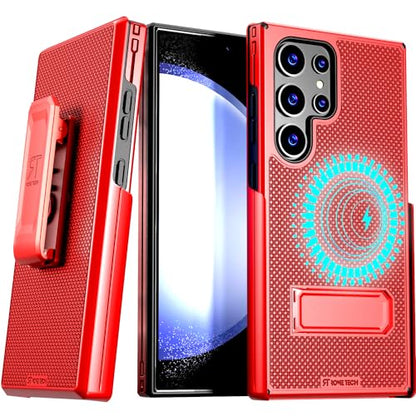 Designed for Samsung Galaxy S24 Ultra Case with Belt Clip Holster | Rugged Cover with Strong Magnet & Kickstand Heavy Duty Combo - Red - color: Red, style: Galaxy S24 Ultra
